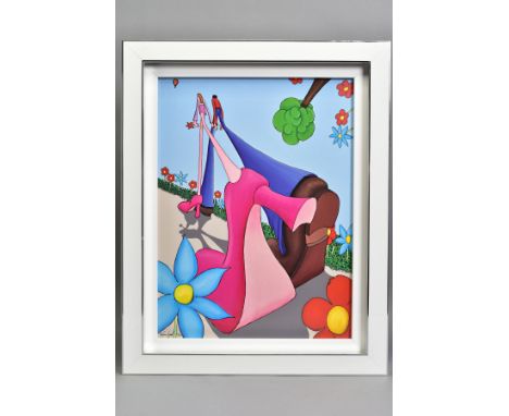 DYLAN IZAAK (BRITISH 1971) 'BEST FOOT FORWARD' a limited edition print 57/195, a fisheye view of a man and woman walking hand