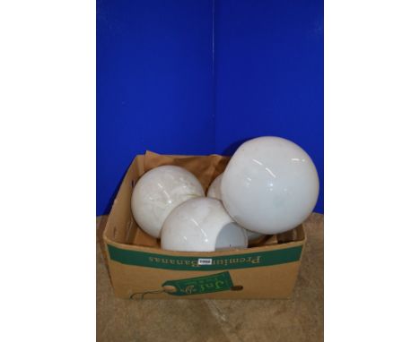A BOX CONTAINING FOUR OPAQUE WHITE GLASS SPHERICAL CEILING LIGHT FITTINGS, approximate diameter 30cm (2)