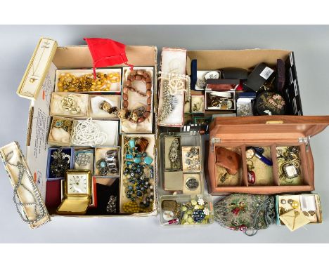 A LARGE SELECTION OF COSTUME JEWELLERY, two boxes filled with items such as beaded necklaces, imitation pearl necklaces, cuff