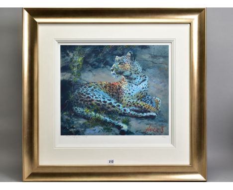 ROLF HARRIS (AUSTRALIAN 1930) 'LEOPARD RECLINING AT DUSK' a limited edition print 46/195, signed to lower margin, with certif