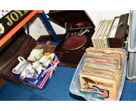 THREE BOXES AND LOOSE to include ceramic jugs, cased cameras, a tin trunk, Columbia wind up record player, assorted vinyl rec