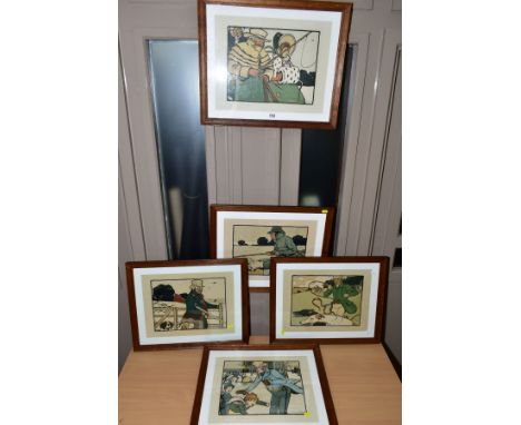CECIL ALDIN, five signed prints depicting fishing, coach driving, ice skating, shooting and hunting, published by Lawrence an