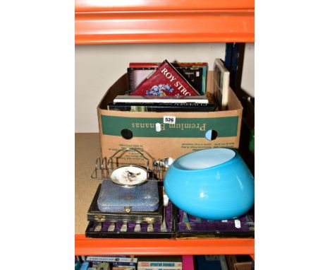 A BOX OF BOOKS AND LOOSE to include Roy Strong, The Story of Britain, Royal Doulton glass bowl, Royal Doulton toast rack set 