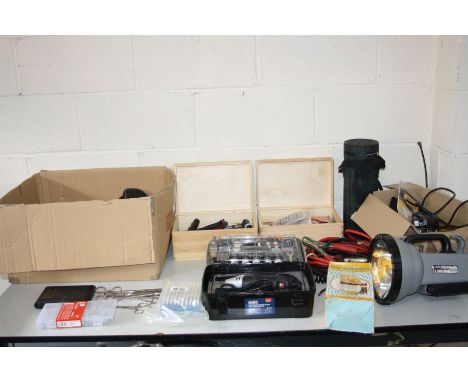 TWO BOXES AND TWO WOODEN BOXES containing a new cased Sealey Rotary tool (PAT not required as new and unused), screwdrivers, 