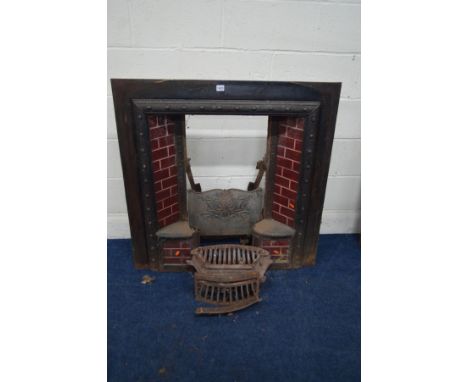 A CAST IRON FIRE PLACE INSERT, with red tiles and grate, width 97cm x height 96cnm