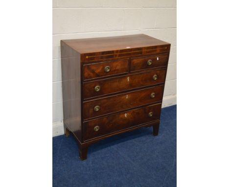 A GEORGIAN FLAME MAHOGANY AND INLAID CHEST OF TWO SHORT AND THREE LONG GRADUATED DRAWERS, on bracket feet, width 92cm x depth