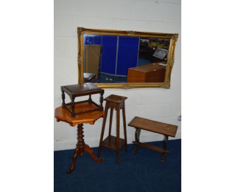 AN OAK COFFEE TABLE together with an oak torchere stand, stool and a Victorian walnut octagonal tripod table and an gilt fram