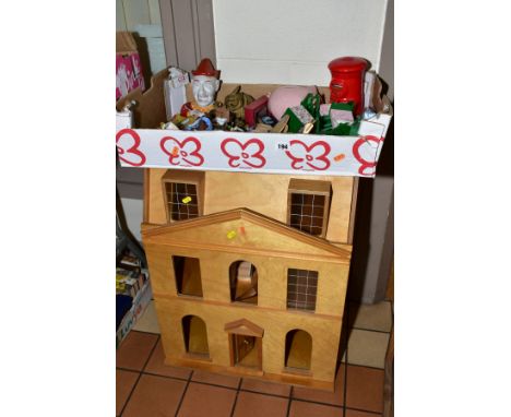 A WOODEN DOLLS HOUSE, modelled as a three story Georgian town house, front opening to reveal six rooms over three floors with