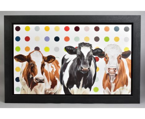 HAYLEY GOODHEAD (BRITISH CONTEMPORARY) 'DAMIENS HERD' a limited edition box canvas print 38/195 of cows against a spotted bac