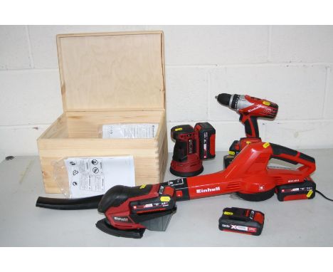 SIX EINHELL 18V POWER TOOLS including a drill, two detail sanders, oscillating sander, blower, hand held vacuum, charger, fiv