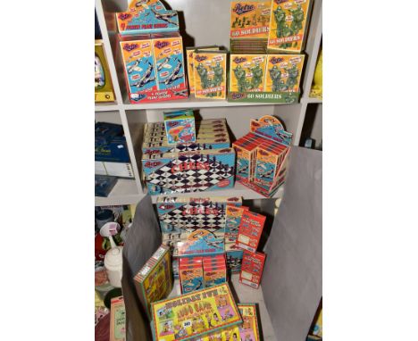 A SELECTION OF RETRO CHILDRENS GAMES AND TOYS to include chess and Ludo board games, fighter plane gliders, plastic toy soldi