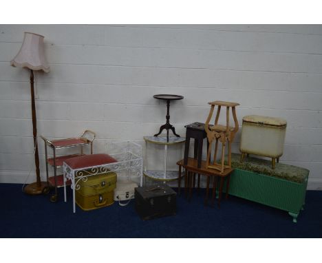 A QUANTITY OF OCCASIONAL FURNITURE to include a Lloyd Loom blanket basket, modern nest of tables, standard lamp, etc (14)