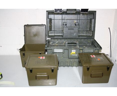 THREE PLASTIC MILITARY FIRST AID KIT BOXES, 26cm x 25cm x 19cm high and a military style Plano plastic tool box (4)