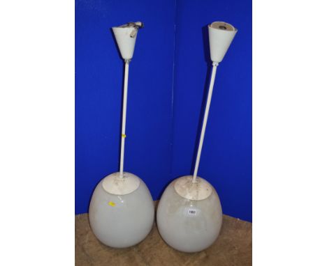 A PAIR OF OPAQUE WHITE OVOID GLASS AND OVER PAINTED NICKEL PLATED CEILING LIGHT FITTINGS, approximate height overall 98cm x a