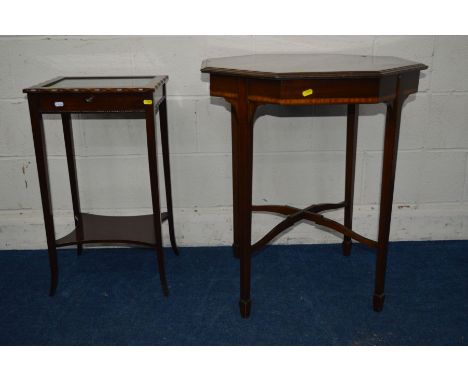 A MAHOGANY DISPLAY TOP CABINET on four tapering legs united by a concave under shelf, width 40cm x depth 32cm x height 71cm t