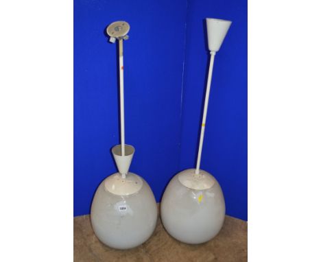 A PAIR OF OPAQUE WHITE OVOID GLASS AND OVER PAINTED NICKEL PLATED CEILING LIGHT FITTINGS, approximate height overall 98cm x a