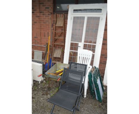 A METAL WHEELBARROW, together with two wood step ladders, two bundles of various garden tools, two plastic garden chairs and 