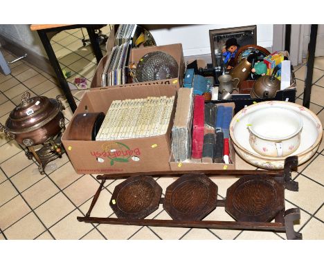 FOUR BOXES AND LOOSE SUNDRY ITEMS, to include a copper and brass samovar, approximate height 41cm, three tiered cake stand, w