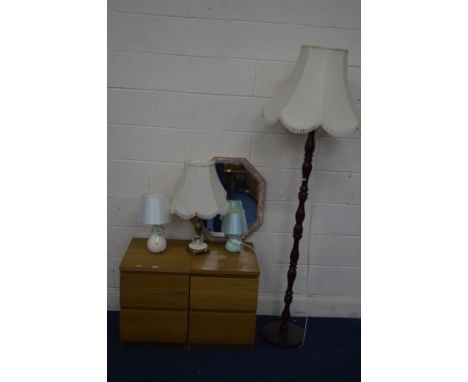 A PAIR OF MODERN TWO DRAWER BEDSIDE CABINETS, a standard lamp with shade, table lamps and a wall mirrors (7)