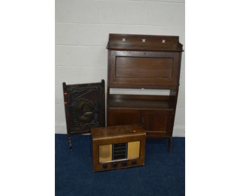 AN EARLY 20TH CENTURY SLIM OAK BUREAU, together with a vintage valve radio and a firescreen (3)