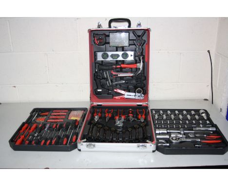 A PARKER ALUMINIUM CASED TOOLCASE wheels and handle including sockets, spanners, screwdrivers, electrical tools etc