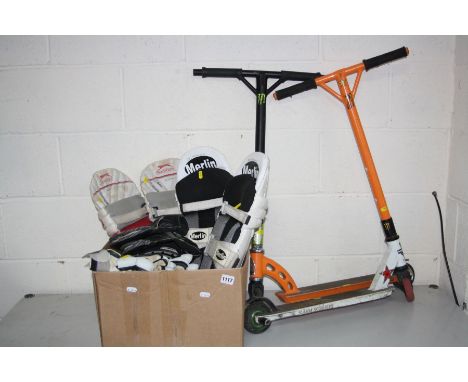 A SLAM AND A MGP SCOOTER, and a box of cricket equipment, including Slazenger Elite Panther pads, Merlin Pads and gloves, a p