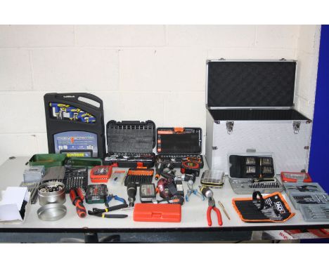 AN ALUMINIUM CASE AND A BOX CONTAINING MOSTLY UNUSED TOOLS including Snap on wire snips, Bahco screwdrivers, Toolzone Hex and