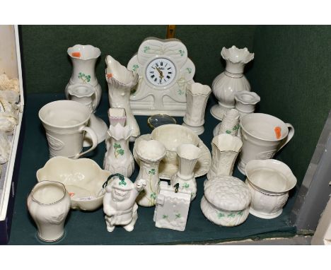 A GROUP OF BELLEECK CHINA, to include tea cup, saucer, two mugs, mantle clock, a pair of squat candle holders, vases, dishes,