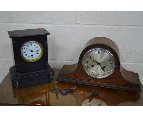 A SLATE AND MARBLE CASED MANTLE CLOCK and an oak mantle clock (three winding keys) (2)
