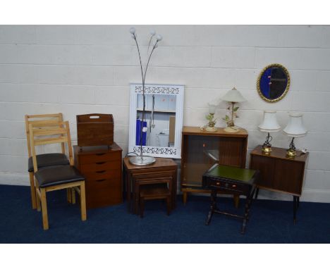 A QUANTITY OF OCCASIONAL FURNITURE, to include a teak bookcase, teak sliding door record cabinet, nest of tables, two mirrors