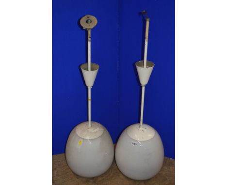A PAIR OF OPAQUE WHITE OVOID GLASS AND OVER PAINTED NICKEL PLATED CEILING LIGHT FITTINGS, approximate height overall 98cm x a