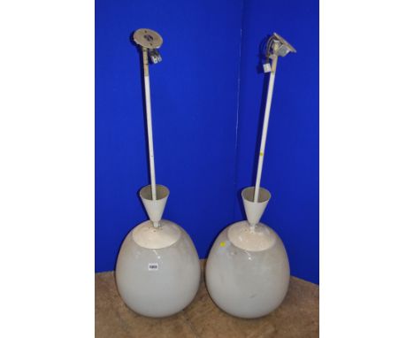 A PAIR OF OPAQUE WHITE OVOID GLASS AND OVER PAINTED NICKEL PLATED CEILING LIGHT FITTINGS, approximate height overall 98cm x a