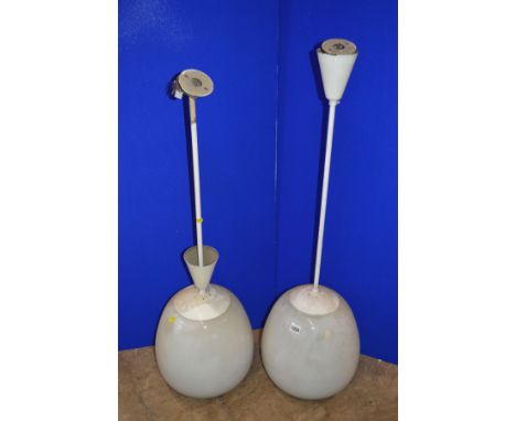 A PAIR OF OPAQUE WHITE OVOID GLASS AND OVER PAINTED NICKEL PLATED CEILING LIGHT FITTINGS, approximate height overall 98cm x a