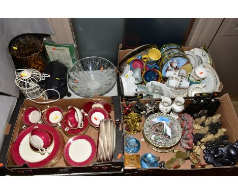 THREE BOXES AND LOOSE CERAMICS, GLASS, SUNDRIES ETC, to include Stuart Crystal bowl, George Jones &amp; Sons Crescent Ivory d