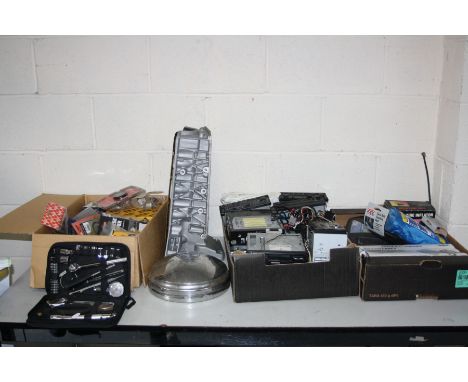 THREE BOXES AND LOOSE OF AUTOMOTIVE PARTS and tools including car radios, engine parts, brake and service parts etc