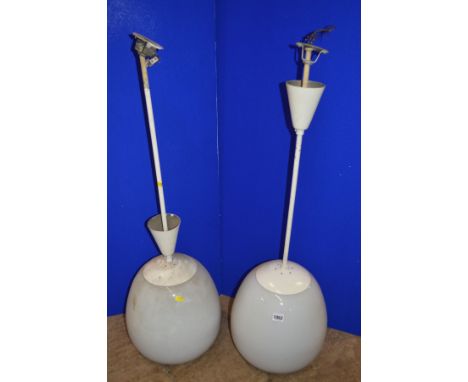 A PAIR OF OPAQUE WHITE OVOID GLASS AND OVER PAINTED NICKEL PLATED CEILING LIGHT FITTINGS, approximate height overall 98cm x a
