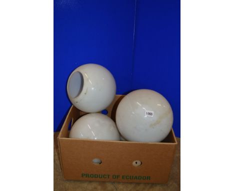 A BOX CONTAINING FOUR OPAQUE WHITE GLASS SPHERICAL CEILING LIGHT FITTINGS, approximate diameter 30cm (2)