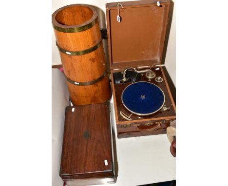 A WOODEN STICK STAND, with a portable record player, and a mahogany writing slope (in need of restoration)