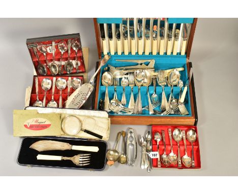 A COLLECTION OF SILVER AND PLATED CUTLERY AND FLATWARE, including a set of five George III silver Old English pattern teaspoo