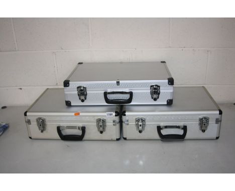 THREE ALUMINIUM INSTRUMENT/TOOL CASES comprising of two at 45cm x 33cm x 16cm deep with no inserts and the last 50cm x 35cm x