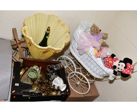 A BOX AND LOOSE SUNDRY ITEMS, to include dolls wicker pram containing musical teddy bear, Minnie Mouse soft toy etc, a musica