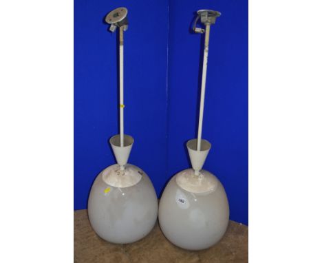 A PAIR OF OPAQUE WHITE OVOID GLASS AND OVER PAINTED NICKEL PLATED CEILING LIGHT FITTINGS, approximate height overall 98cm x a