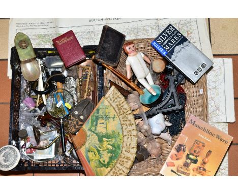 TWO TRAYS OF COLLECTABLE ITEMS, to include magnifying glass, fan, small ceramic dolls heads (S.F.B.J, Paris stamped to nape o