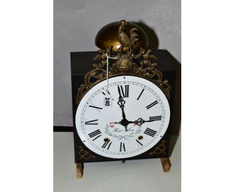 A FRENCH COMPTOISE CLOCK FEATURING GILT BIRD DECORATION ABOVE THE DIAL, the dial has Roman numeral markers and floral decorat