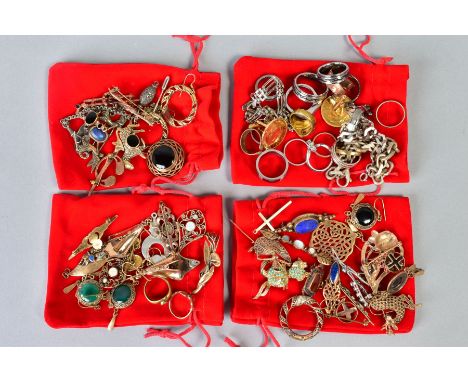 A SELECTION OF ITEMS, to include four red velvet pull strings bags filled with costume jewellery such as brooches, rings, ear