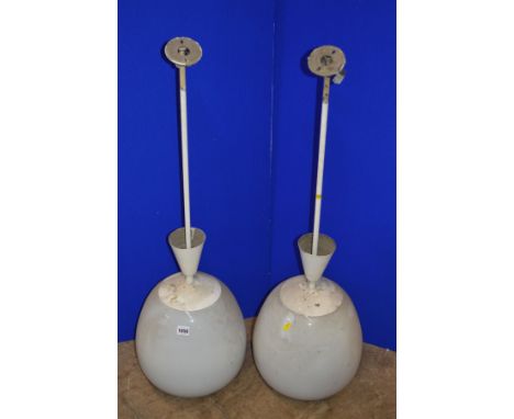 A PAIR OF OPAQUE WHITE OVOID GLASS AND OVER PAINTED NICKEL PLATED CEILING LIGHT FITTINGS, approximate height overall 98cm x a