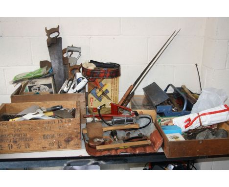 A LARGE SELECTION OF VINTAGE HAND TOOLS AND AUTOMOTIVE TOOLS including Spear and Jackson, Stevens and Beech and Sons saws, a 