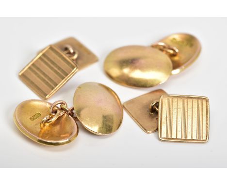 TWO PAIRS OF GOLD CUFFLINKS, first of oval design with chain, stamped Chester 1913, markers mark H.G.&amp;S, and engine turne