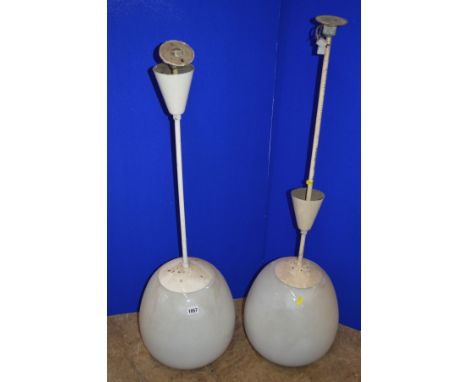 A PAIR OF OPAQUE WHITE OVOID GLASS AND OVER PAINTED NICKEL PLATED CEILING LIGHT FITTINGS, approximate height overall 98cm x a