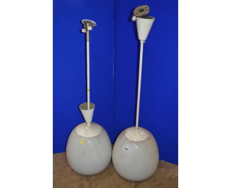 A PAIR OF OPAQUE WHITE OVOID GLASS AND OVER PAINTED NICKEL PLATED CEILING LIGHT FITTINGS, approximate height overall 98cm x a